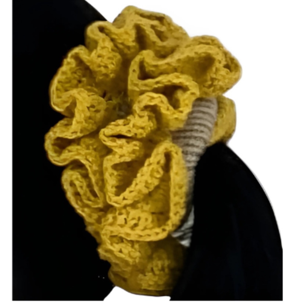 Women's Ruffled Crochet Knitted Hair Scrunchie. Beige/Mustard. XL.